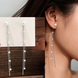 Atentuyi Wedding Pearl Earrings Silver Pearl Drop Earrings Pearl Necklace Earrings Pearl Tassel Earrings Long Dangle Earrings Bridal Chandelier Earrings Women Girls Brides Bridesmaids Jewellery