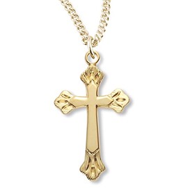 Heartland Store Women's 16kt Gold Over Sterling Silver Budded Etched Tip Cross + 18 Inch Gold Plated Chain & Clasp| USA Made