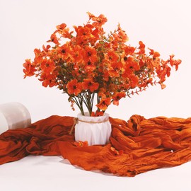 12 Bundles Artificial Fall Flowers for Decoration, Uv Resistant Silk Flowers Fake Autumn Faux Plants Daisy for Thanksgiving Outdoors Indoors Wedding Garden Window Box Home Grave Decor, Orange Green