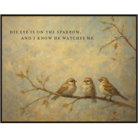 His Eye Is On The Sparrow Vintage Painting Bird Print, Two Sparrows and Bible Verse I Know He Watches Me, Christian Prints, Scripture, Bible Verse, Matthew 10:29-31 Print (8 x 10 inch Print)