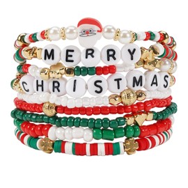 Twinfree 9pcs Christmas Bracelets Stackable Beaded Heishi Stretch Preppy Bracelets Santa Claus Snowman Christmas Tree Bracelet