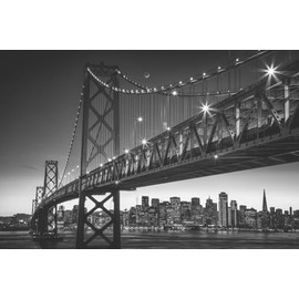 ART.COM Wall Photographic Print Classic San Francisco in Black and White, Bay Bridge at Night by Vincent James, 18" x 12"