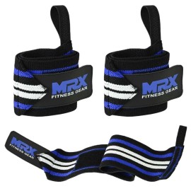 MRX Weightlifting Wrist Wraps Gym Training Lifting Workout Support Straps MRX Pair - Black/Blue/White