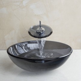 Yanksmart Vessel Sink Tempered Glass Round Bowl Mixer Waterfall Faucet Single Handle Tap Drain Combo Set Grey Color