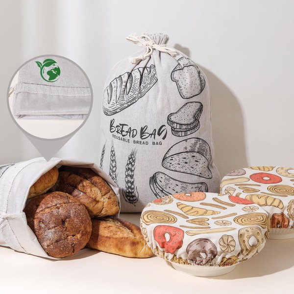 4 Pack Premium Reusable Bread Bags for Homemade Bread and