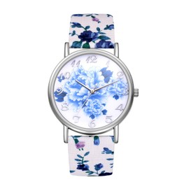 JewelryWe Womens Floral Canvas Watches: Analog Quartz Easy Read Simple Big Dial Flower Wristwatch