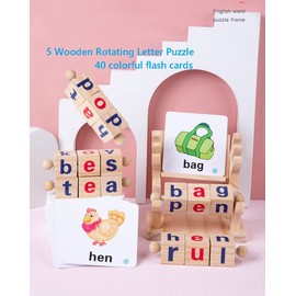 JAQI Wooden Reading Blocks Short Vowel Rods Spelling Games , Flash Cards Turning Rotating Matching Letters Deer Toy for Kids, Montessori Spinning Alphabet Educational Learning Preschool Boys Girls