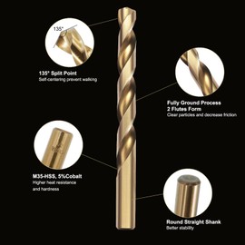 Axelord 15Pcs Cobalt Drill Bit Set (1/16“-3/8”), M35 HSS, 135 Degree Tip, Twist Jobber Length for Hardened Metal, Stainless Steel, Cast Iron, Wood, and Plastics, with Index Storage Case