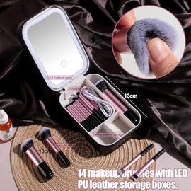 BS-MALL Juego de 14 brochas de maquillaje con espejo de luz LED, herramientas cosméticas prémium para rutinas de belleza impecables (negro)