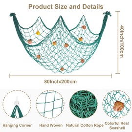 80x40 Inch Decorative Fishing Net w/Shells & Clips, 3mm Thickness Aqua Natural Cotton Large Photo Hanging Fishnet, Wall Party Decorations for Nautical Pirate Hawaii Underwater Mermaid Themed Party