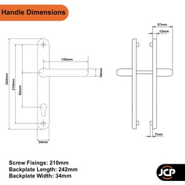 JCP PRO uPVC Door Handle Pair Set Sprung 92 PZ 92mm, Backplate 242mm x 34mm (210mm Screw Centres, Black)