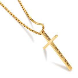 Rehoboth Stainless Steel Cross Pendant Necklaces for Men Women Philippians 4:13 Strength Bible Verse Pendant Chain 24 Inch Gold