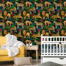 CHIHUT Jungle Animal Peel and Stick Wallpaper Self Adhesive Tropical Leaf Wallpaper 17.7”x236” Gold Leopard Tiger Lion Contact Paper Roll Dark Removable Floral Wallpaper for Bedroom Nursery Shelves