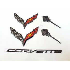 GM 5PC 2014-2019 Corvette C7 Gloss Black Front & Rear & Stingray Cross Flags Emblem