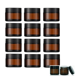 Amber Glass Jars with Lids,12Pcs Travel Size Containers Jars Leak Proof,Empty Small Glass Jars with Inner Liners,Wide Mouth Refillable Cosmetic Vials for Lotion,Ointment,Eye Cream (Amber/Black, 0.5oz)