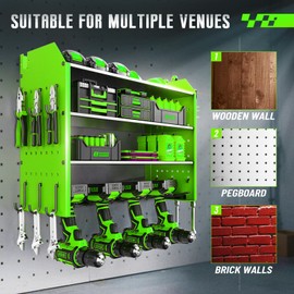 BIHOO Power Tool Organizer Wall Mount, 4 Tier Tool Organizer for Drill Storage,Heavy Duty Rack with Hooks.Gift for Men Green