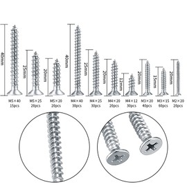 XxinXrong Pack of 285 Self-Tapping Screws Assortment, M2/M3/M4/M5 Stainless Steel Tapping Screws, Cross Head Wood Screws, Flat Round Head Screws for Homemade, Repair, Woodworking