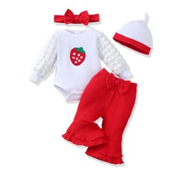 Renotemy Newborn Infant Baby Girl Clothes 0-3 Months Baby Girl Outfit Infant Puff Long Sleeve Romper Coming Home Newborn Essentials Outfits Gifts Strawberry Bell Bottom Pants Bodysuit Clothes Set