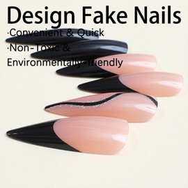 Generic Black French Tip Nails Press on Extra Long Stiletto Acrylic Fake Nails Glitter Wavy Lines Glue on Nails Mirror Reusable Stick on Nails for Women DIY Manicure Decoration