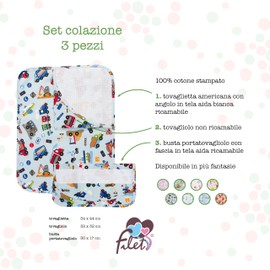 FILET - AMAS30563 AMAS30563 Cotton Breakfast Set with Aida Canvas Embroidery, Table Set, Napkin and Napkin Bag, Made in Italy, Fantasy Blue Bottom Cars, AMAS30563, Light Blue, One Size