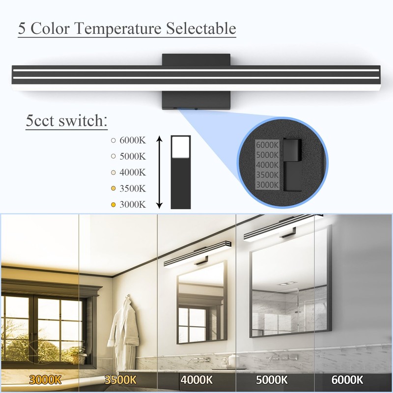 Ralbay Modern Black Bathroom Light Fixtures 5 Color Temperature Dimmable