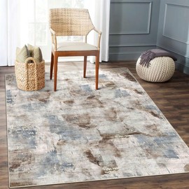 Poeti Washable Rug, Ultra Thin 5x7 Area Rugs - Non Slip Carpet - Small Neutral Area Rugs for Living Room Entryway Office Dining Room - Modern Abstract Rug, Taupe/Blue
