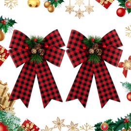 COLOFALLA Pack of 2 22.8 x 30 cm Christmas Bows Large Red Black Checked with Pine Cones Christmas Bows Bow Christmas Tree Decoration Christmas Tree Bows Decoration