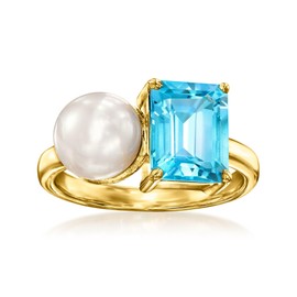 Ross-Simons 7.5-8mm Cultured Pearl and 2.90 Carat Swiss Blue Topaz Toi Et Moi Ring in 18kt Gold Over Sterling. Size 9