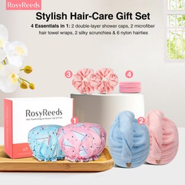 RosyReeds Hair Care & Accessories: 2PCS Microfiber Hair Towel Wrap, Super Absorbent for Women Curly Long Hair Drying; 2PCS Shower Cap Reusable Waterproof, Dual Layer; 8PCS Satin Scrunchies & Hair Ties