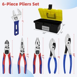 KAIHAOWIN 6-Piece Tool Set with Case, 8.8” Long Nose, 8.8” Linesman, 8” Diagonal, 6“ Adjustable Wrench, 8”&10” Slip Joint Pliers for Repairing & Home Use