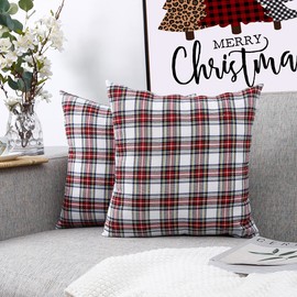 CARRIE HOME Christmas White Tartan Plaid Pillow Covers 16x16 Set of 2 White Farmhouse Christmas Decorations Throw Pillows 16 x 16 for Couch and Sofa (No Inserts)