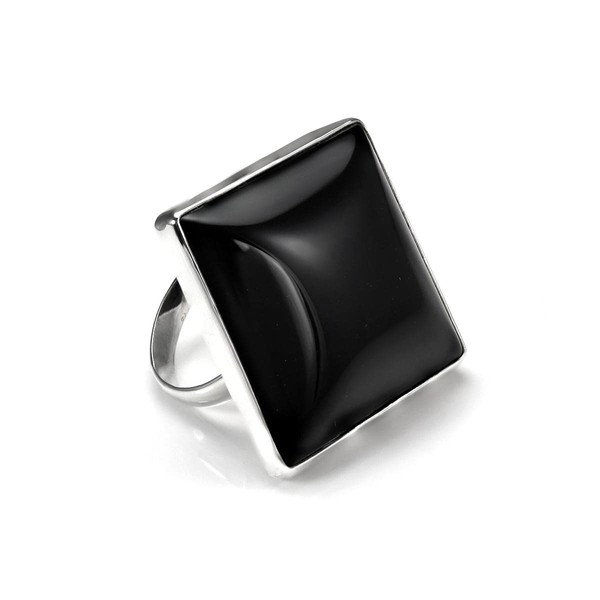 Sterling Silver Square Black Agate Gemstone Diamond Shaped Adjustable Ring