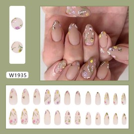 Floral Press on Nails Matte Fake Nails with Flower Blossom Design - Short Almond Shaped Nail Press ons,Reusable,Full Cover Artificial Stick on Nail for Women Manicure 24 Pcs