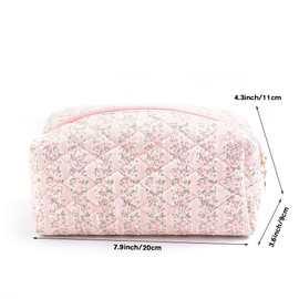 Makeup Bag Quilted,Cotton Cosmetic Pouch,Large Make Up Bag for Women,Cute Flower Travel Toiletry Bag Organizer Portable for Purse,Floral Pink
