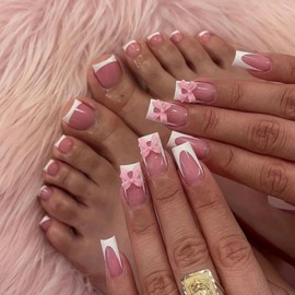 48Pcs White French Tips Press on Toenails Medium Square Press on Nails with 3D Pink Bow Design Short Square Fake Toenails Glossy Skintones Fake Nails Summer False Toenails Kit for Women Girls Manicure