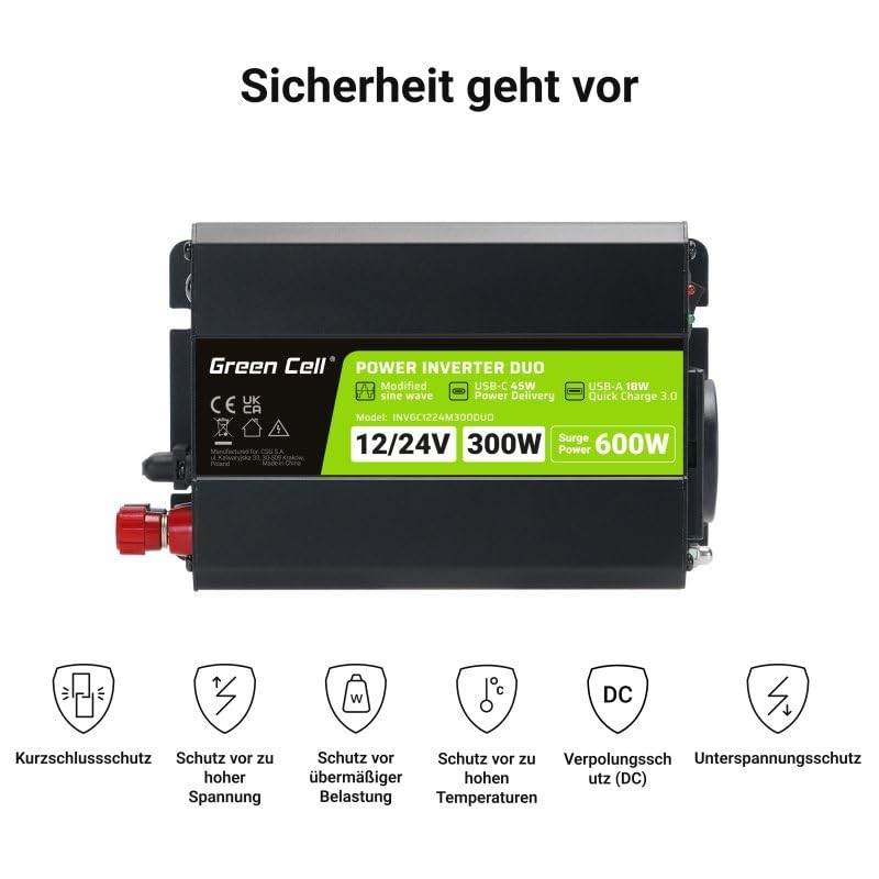 Green Cell® Wechselrichter Spannungswandler Duo 12V/24V auf 230V 300W/600W Modifizierte