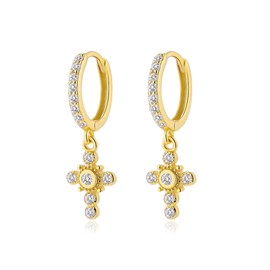 SAINT RAPHAËL Gold Crystal Cross Huggie Hoop Earrings for Women, for Men, 18k Gold Plated 925 Sterling Silver (Gold + Crystal Charm)