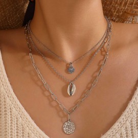 Inilbran Boho Layered Shell Disc Choker Necklace Vintage Cowrie Shell Pendant Necklace Silver Hammered Coin Necklace Paper Clip Chain Necklace Multilayer Shell Necklace, Zinc