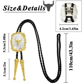 Yjfeshion Western bolo tie Longhorn Skull Bullhead Cowboy Necklace Prayer Cross Bola tie Cowboy Medal Design Handmade Leather Necktie Accessories for Men Women Two Color Engraved Golden Bullhead