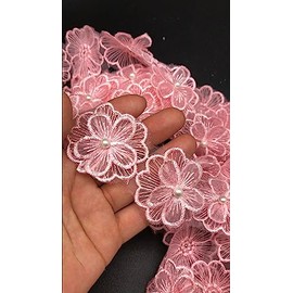 PEPPERLONELY 1 yarda 18 piezas de cinta bordada con flores de perlas 3D, tamaño de la flor: 1.75 x 1.75 pulgadas, rosa