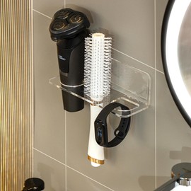 Acrylic Hair Brush Holder for Bathroom Adhesive Hair Tool Organizer Wall Mounted No Nails/Drilling Hair Comb Holder Organizer Hot Tool Holder with 3 Holes for Flat Irons, Curling Irons (transparent)