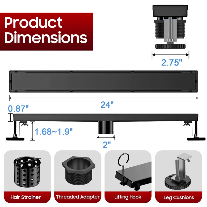 DLONE Linear Shower Drain | 24" AISI 304 Stainless Steel