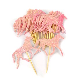 Mybbshower Pink Glitter Horse Cupcake Topper - Girls Baby Shower Horse Birthday Party Decorations Pack of 24