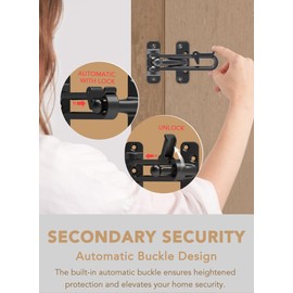 GREATIM Swing Bar Door Guard Built-in Automatic Buckle Design, Front and Inside Door, Hinged Swingin Doors Reinforcement Lock, Home Security Door Stopper, Safety Childproof, Zinc Alloy, Black