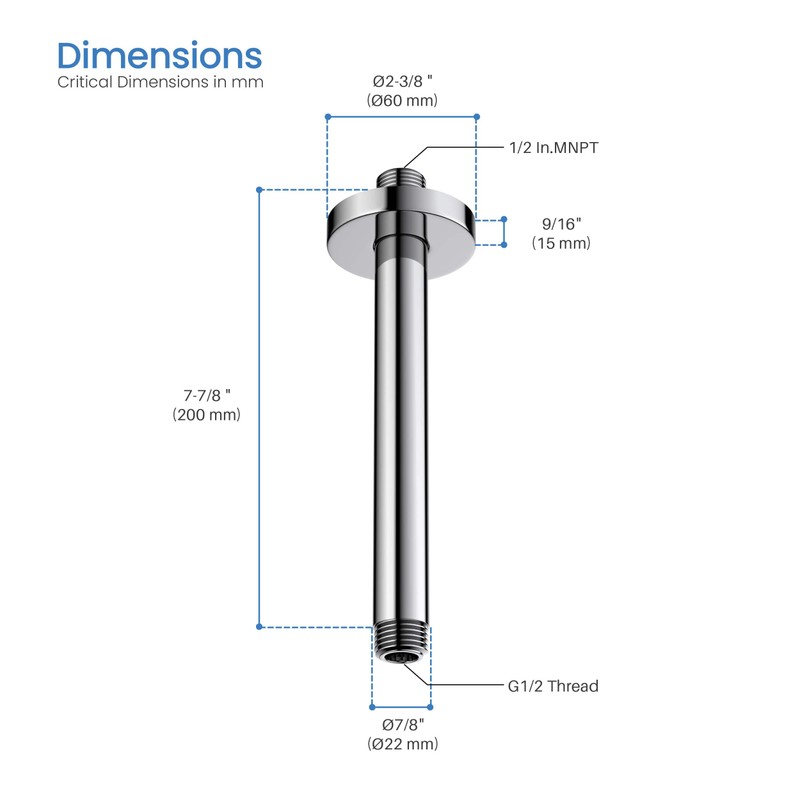 KIBI Circular 8 Inch Chrome Finish Ceiling Mounted Shower Arm