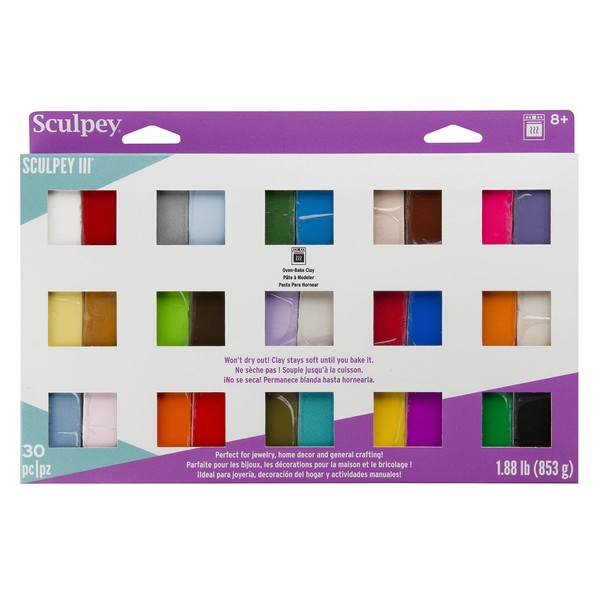 Sculpey III 30 Vibrant Colors of Polymer Oven-Bake Clay, Non