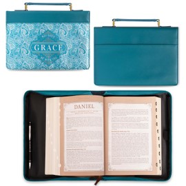 Christian Art Gifts Teal Vegan Leather Fashion Bible Cover for Women: God's Grace Be with You - Inspirational Book Carry Case w/Cute Paisley Pattern, Silver Zipper, Pockets & Pen Storage, Medium