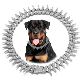 Silver Dog Chain Collar, Side Spiked Style Necklace Bling Diamond Cuban Link Dog Collars Glitter Rhinestone Puppy Collar for for Small Medium Large Pet Dogs Cats, 22-Inch