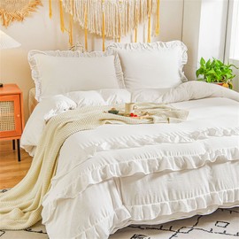 ABREEZE Ruffle Duvet Cover King Soft Washed Microfiber Vintage French Country Duvet Cover Set White 3 Pieces Farmhouse Microfiber Bedding Comforter Cover Set, Soft and Lightweight