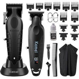 Kemei-2293+2296 Combo Men's Hair Clipper, Professional Hair Clipper and Trimmer Set, Men's Cordless Zero-Clearance Trimmer with LED Display, 11 Guide Combs LCD Display glaker hair - Color: Kemei-2293S+2296